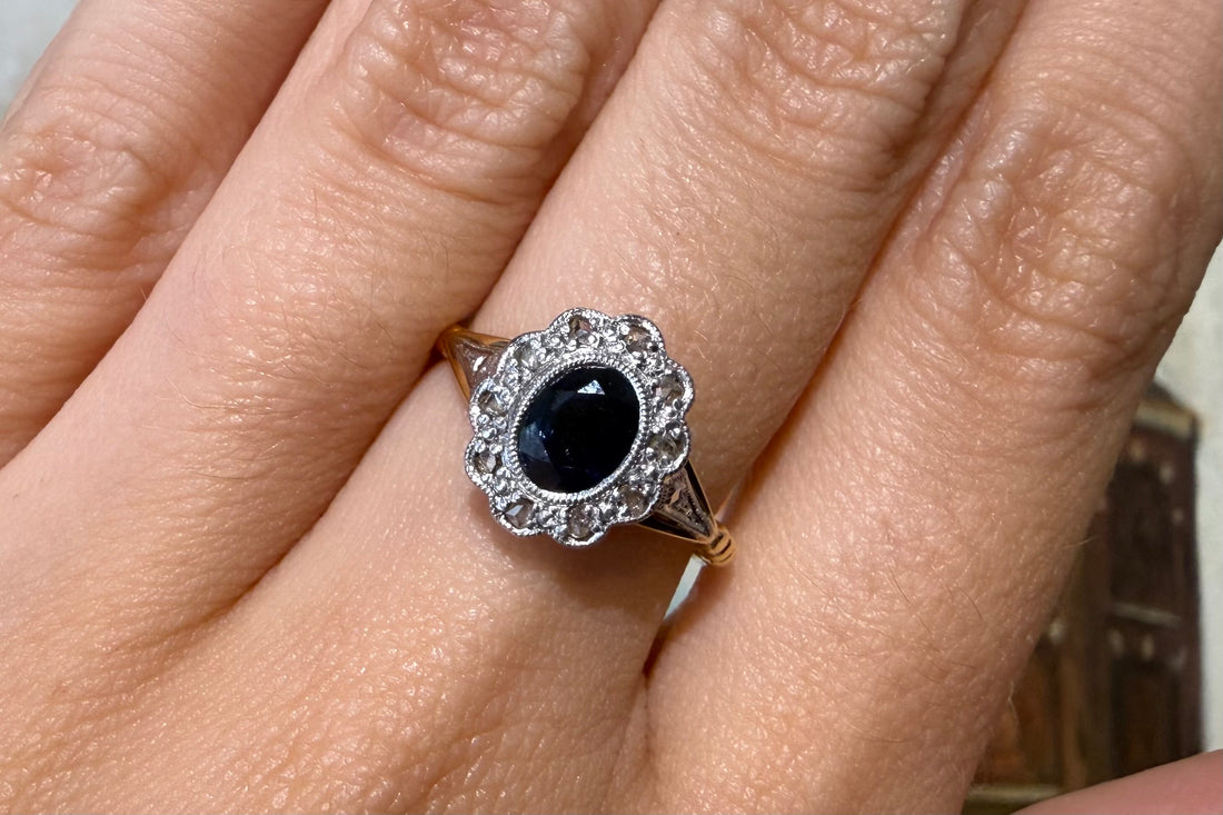 Vintage sapphire and rose diamond ring in 18 carat gold and platinum