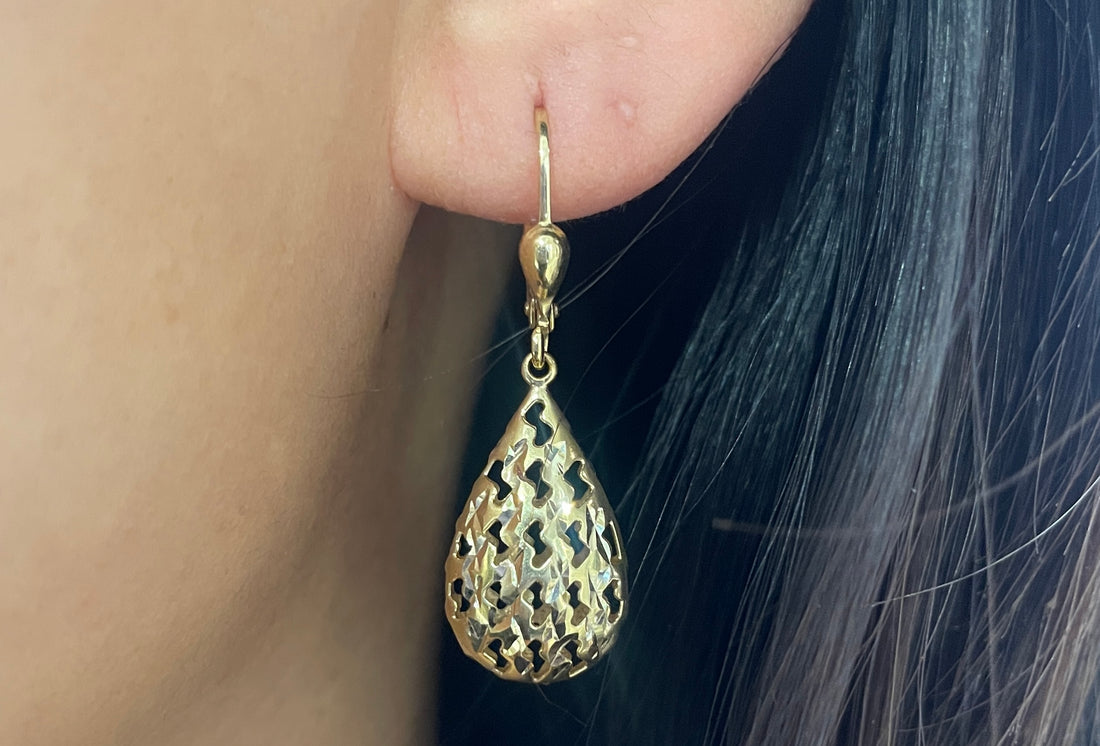 Gold filigree pendant drop earrings-Earrings-The Antique Ring Shop