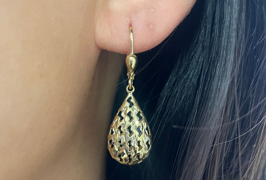 Gold filigree pendant drop earrings-Earrings-The Antique Ring Shop