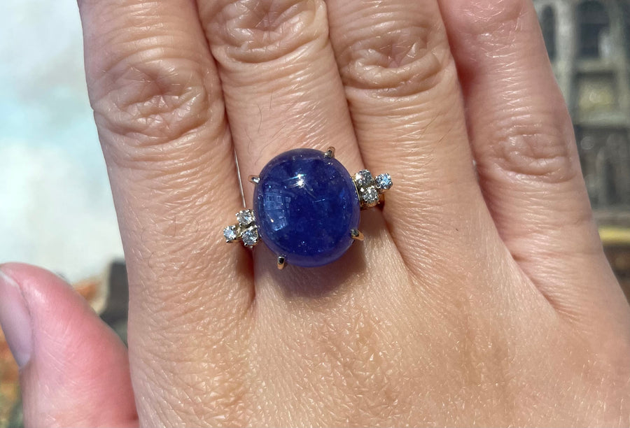 Cabochon tanzanite and diamond ring-Vintage Rings-The Antique Ring Shop