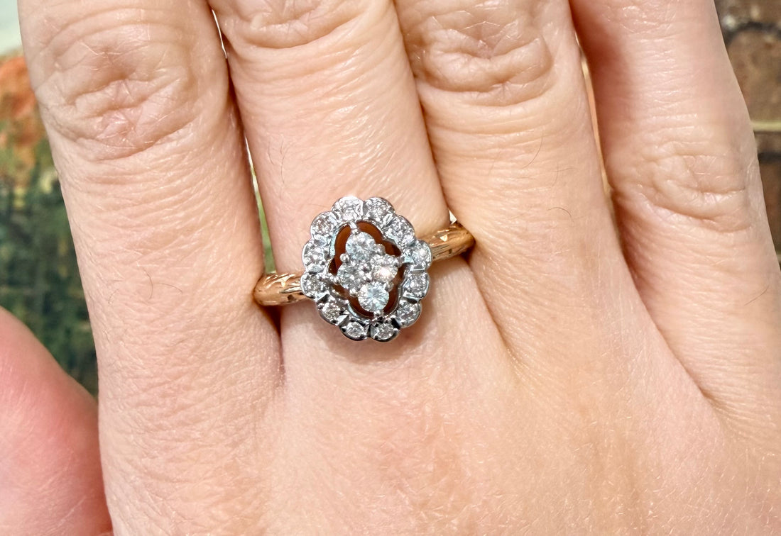 Vintage navette diamond cluster ring in 14 carat gold-Vintage Rings-The Antique Ring Shop