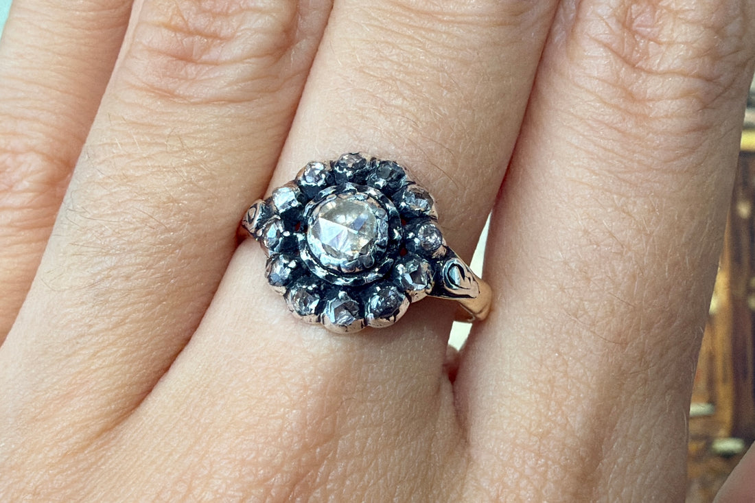 Rose diamond cluster ring in silver and gold