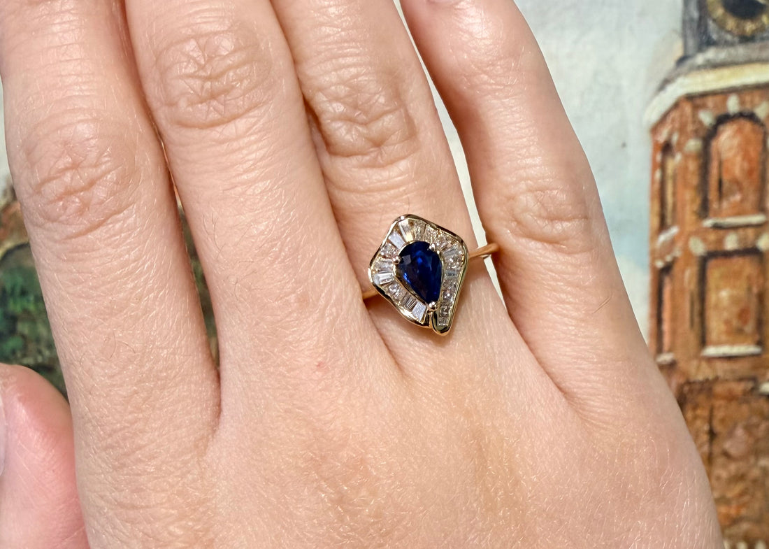 Baguette cut sapphire and diamond ring-Vintage Rings-The Antique Ring Shop