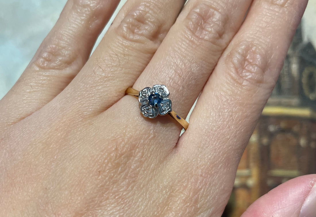 Vintage 18 carat sapphire and diamond flower ring-Vintage Rings-The Antique Ring Shop