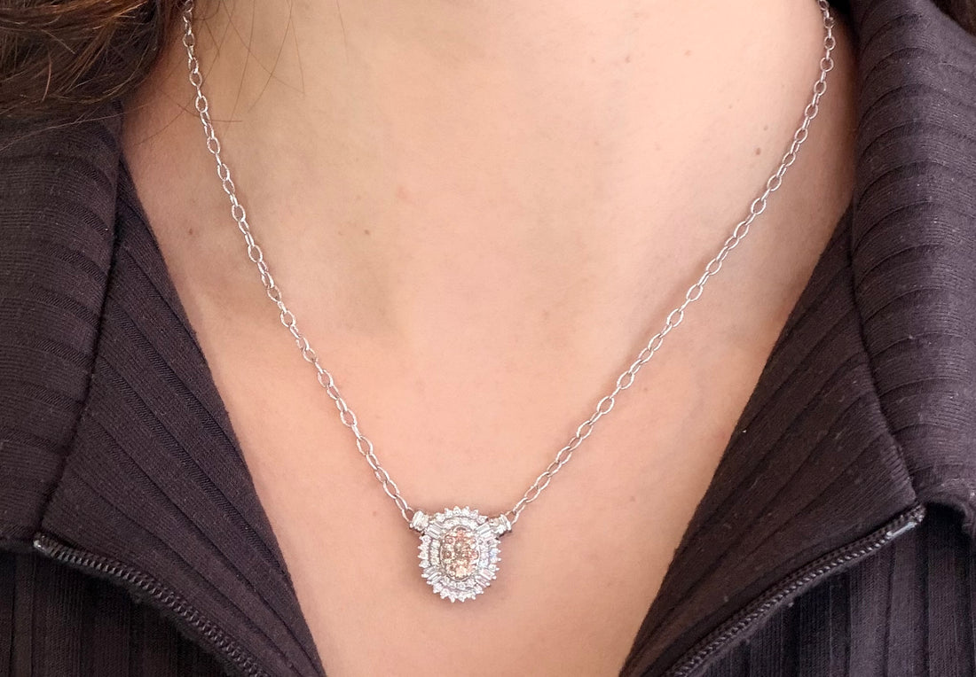 Light brown and clear diamond pendant in white gold-Pendants-The Antique Ring Shop