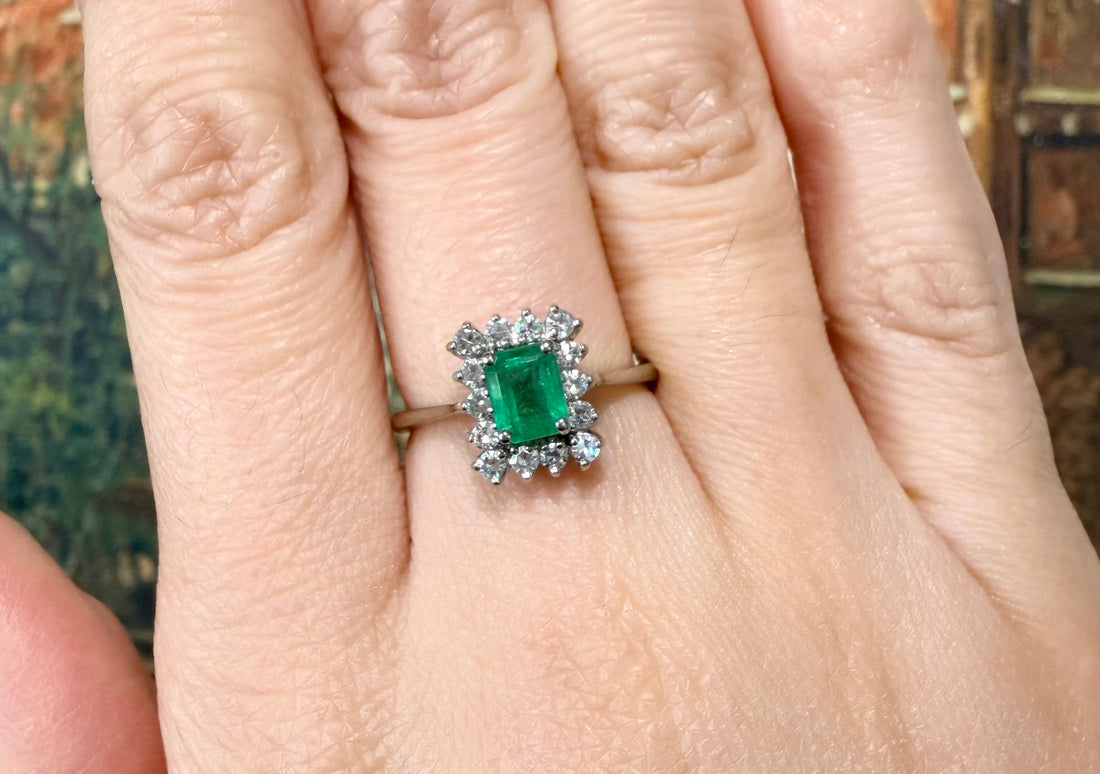 Emerald and diamond white gold ring-engagement rings-The Antique Ring Shop