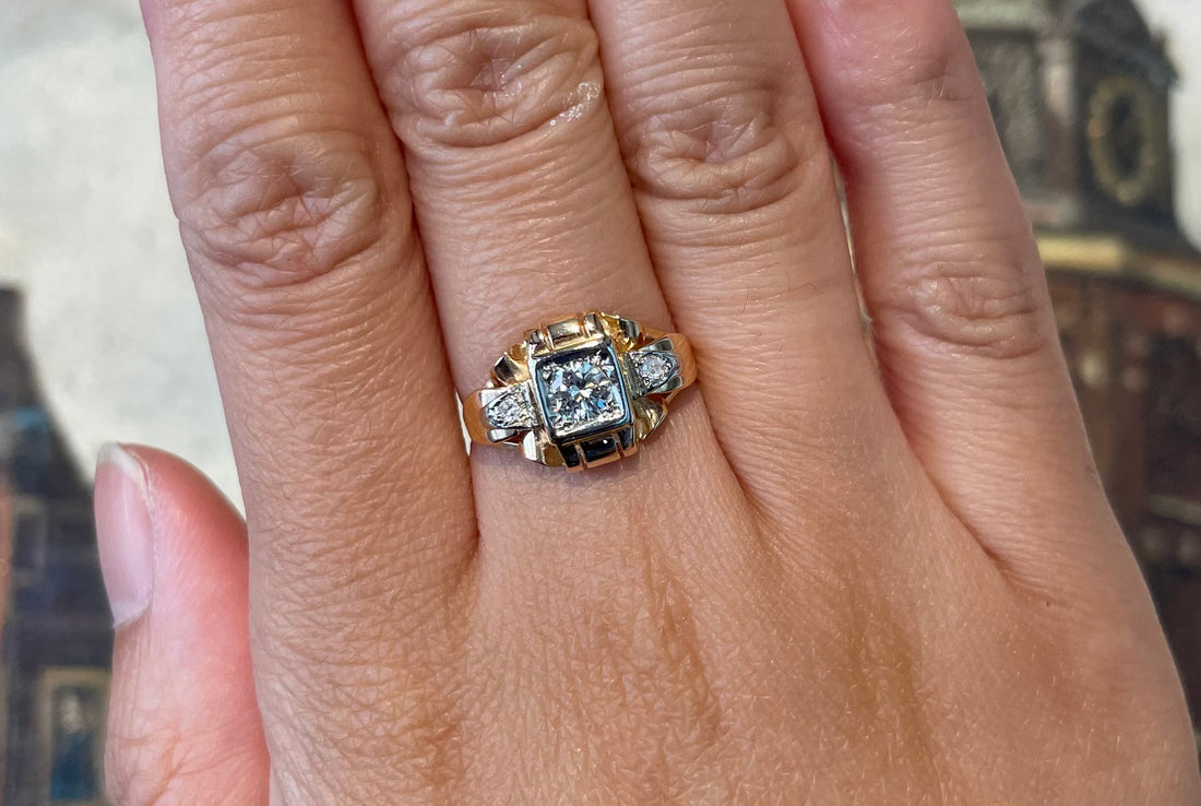 14 carat gold Art Deco ring with diamonds-Vintage Rings-The Antique Ring Shop