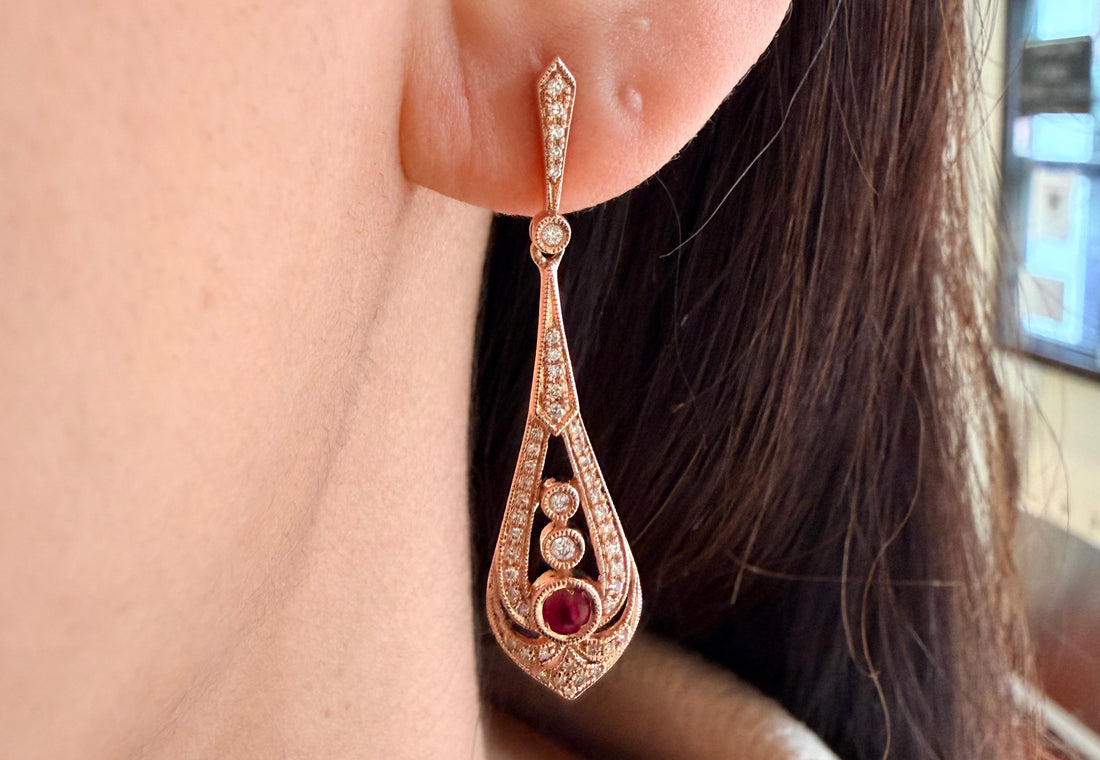 Ruby and diamond pendant earrings in rose gold-Earrings-The Antique Ring Shop