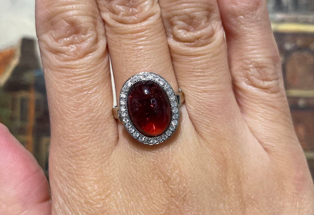 Cabochon pink tourmaline and diamond ring in white gold-Vintage Rings-The Antique Ring Shop