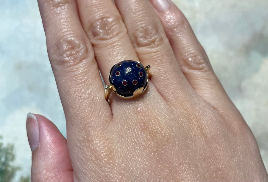 Cabochon sodalite ring with rubies and diamond-Vintage Rings-The Antique Ring Shop