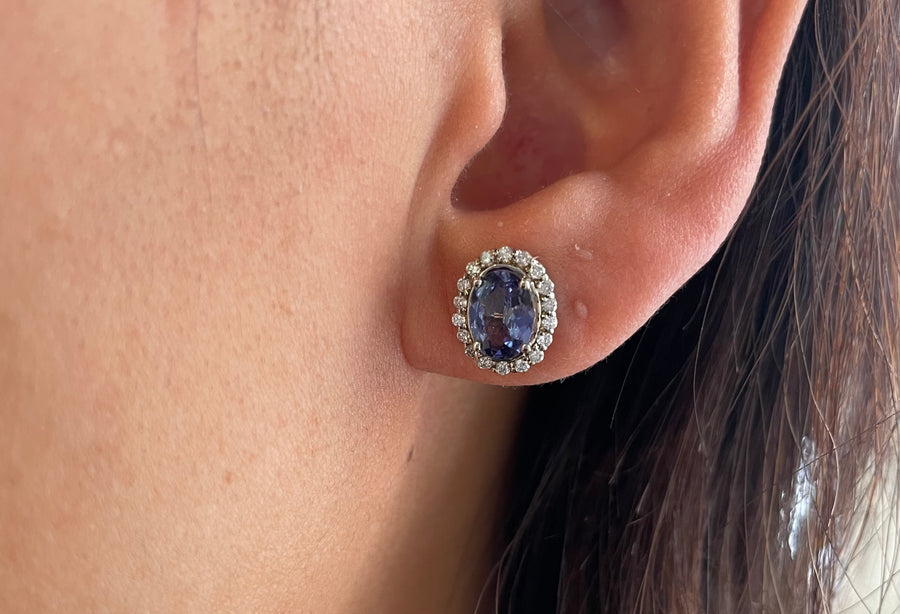 Tanzanite and diamond studs in 14 carat gold-Earrings-The Antique Ring Shop