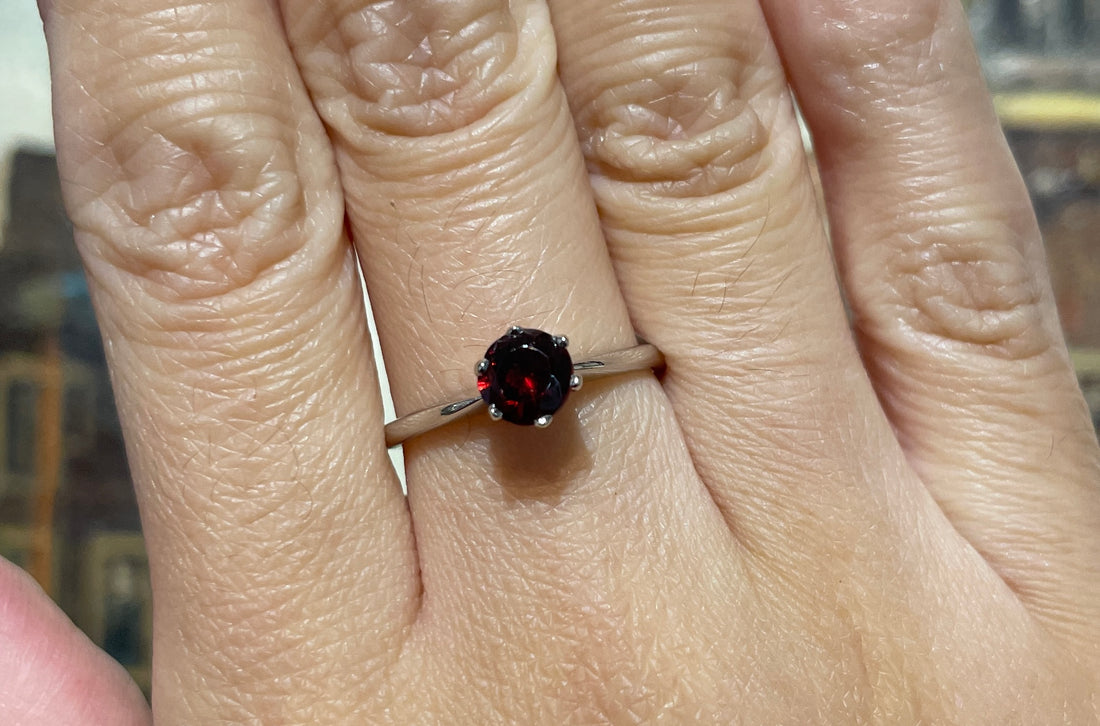 Garnet solitaire ring in white gold-engagement rings-The Antique Ring Shop