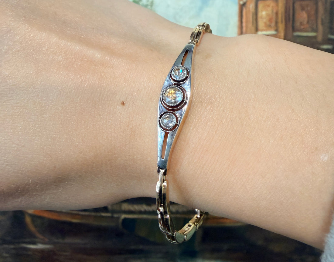 Rose diamond bracelet in 14 carat gold and silver-Bracelets-The Antique Ring Shop