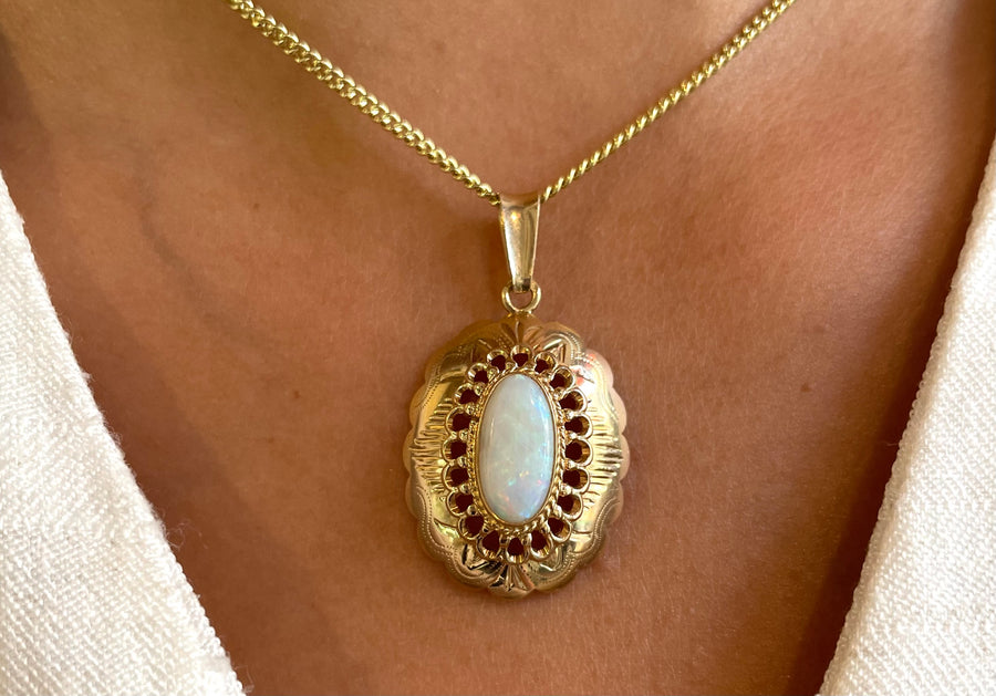 White opal pendant in 14 carat gold-Pendants-The Antique Ring Shop