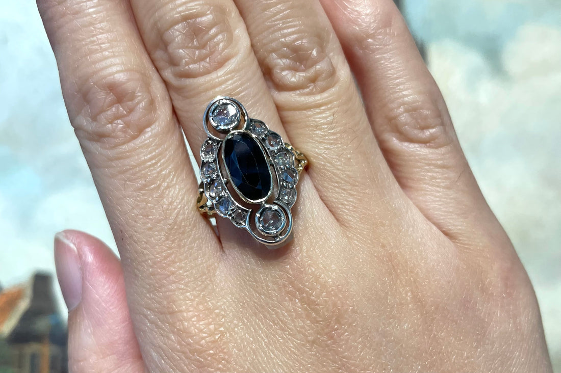 Sapphire and rose diamond marquise ring-Antique rings-The Antique Ring Shop