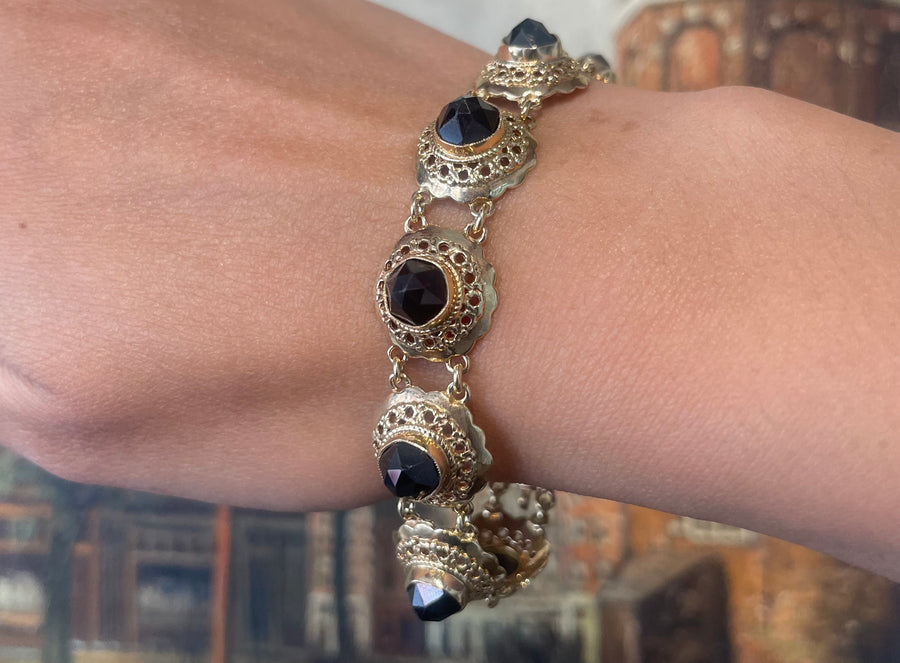 Vintage 14 carat gold link bracelet with garnets-Bracelets-The Antique Ring Shop