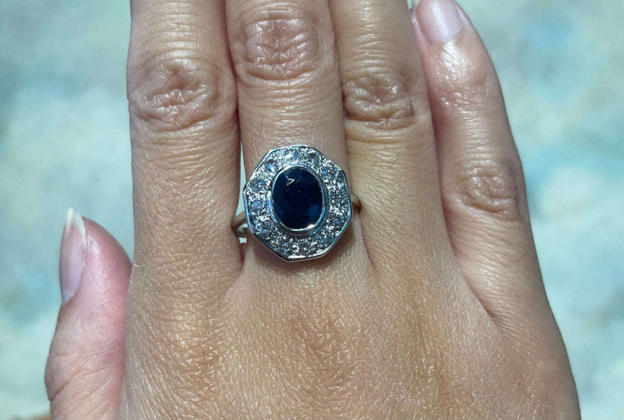 White gold sapphire and diamond ring-engagement rings-The Antique Ring Shop