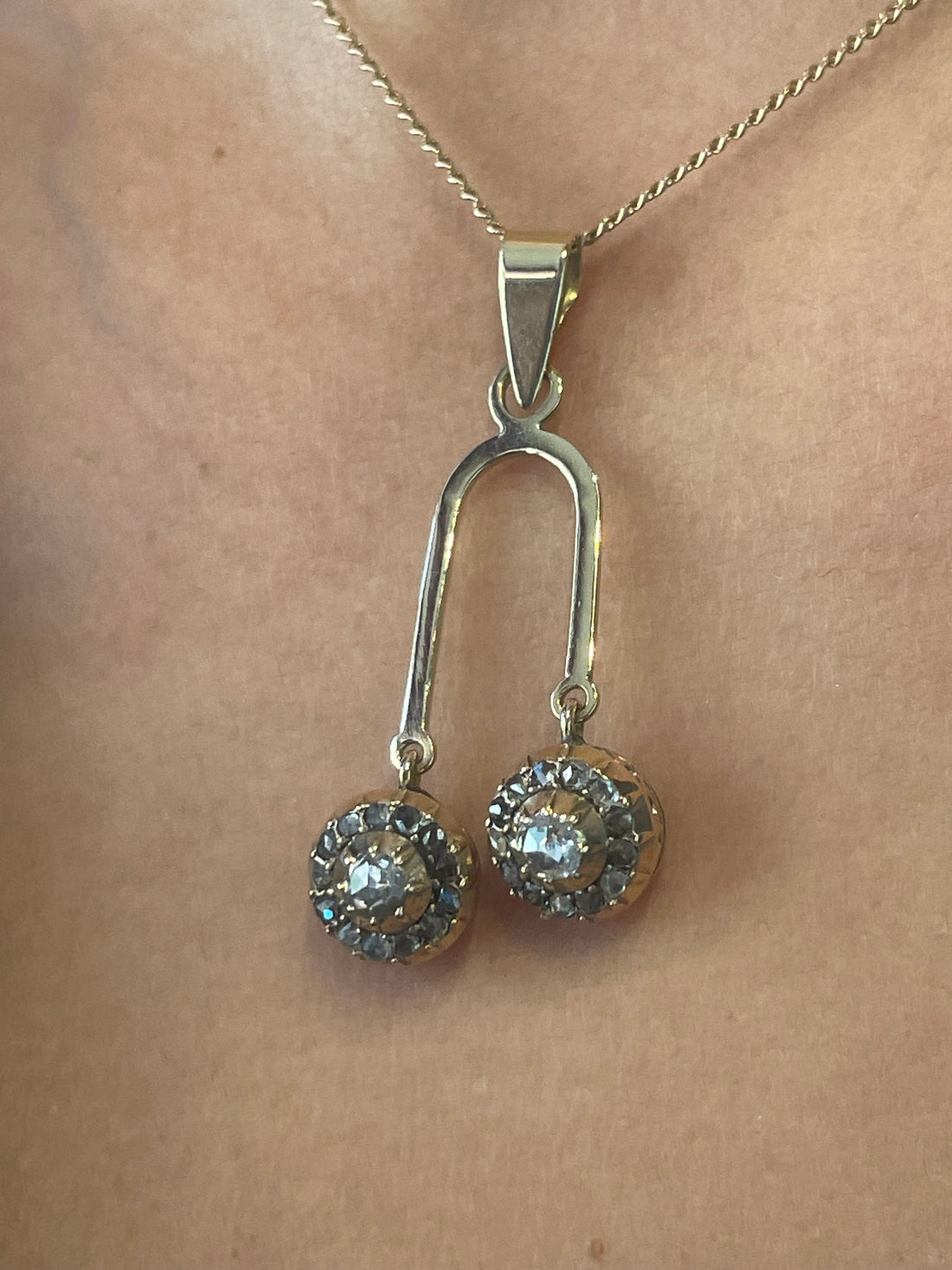 Double rose diamond pendant in 14 carat gold-Pendants-The Antique Ring Shop