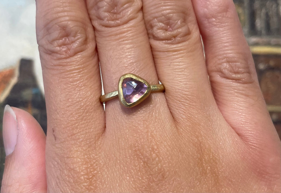 Textured light pink tourmaline ring in 14 carat gold-Vintage Rings-The Antique Ring Shop