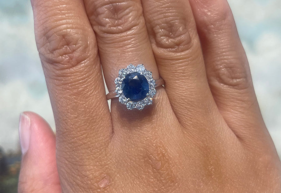 Sapphire and diamond cluster ring in white gold-engagement rings-The Antique Ring Shop