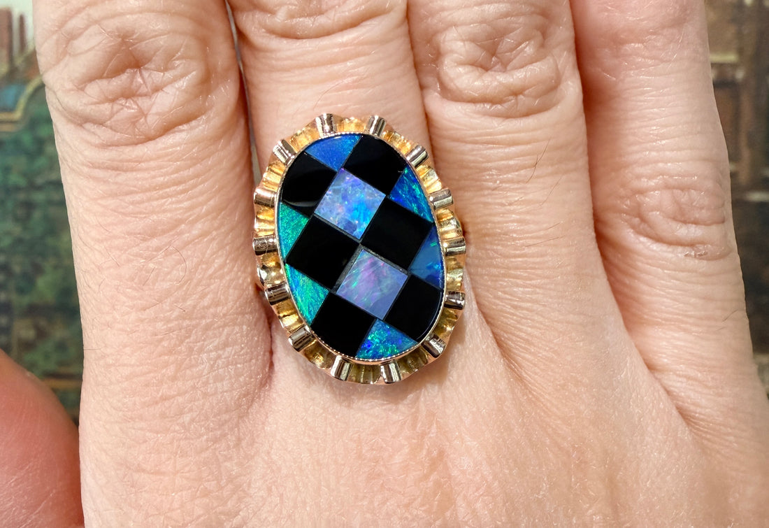 Opal and onyx checkerboard ring-Vintage Rings-The Antique Ring Shop