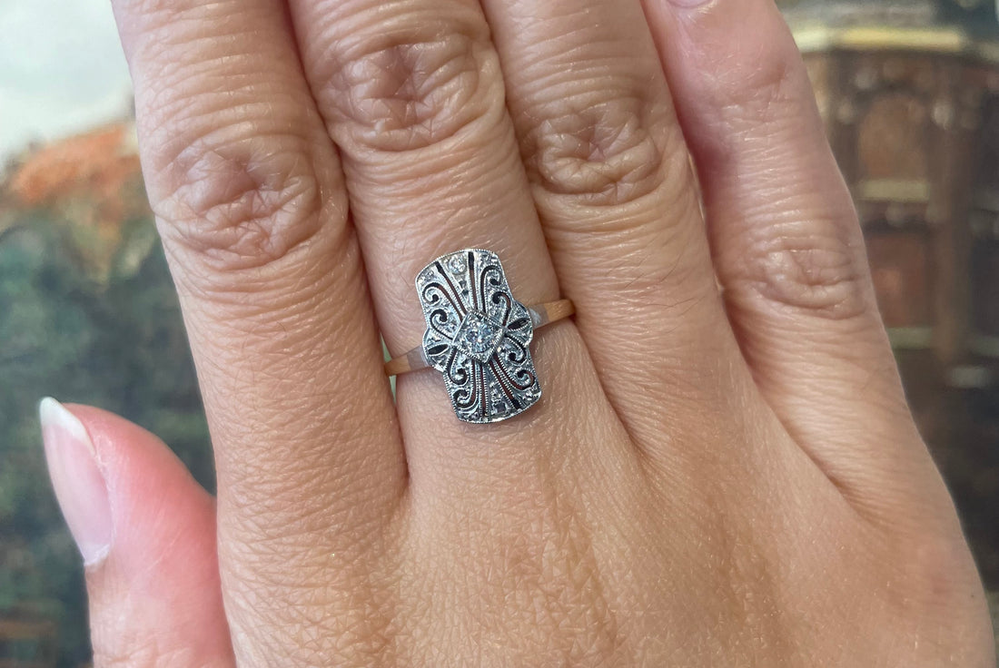 Art Deco filigree ring with diamonds-Vintage Rings-The Antique Ring Shop