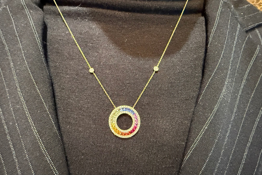 Multi colored carre cut sapphire and diamond pendant-The Antique Ring Shop