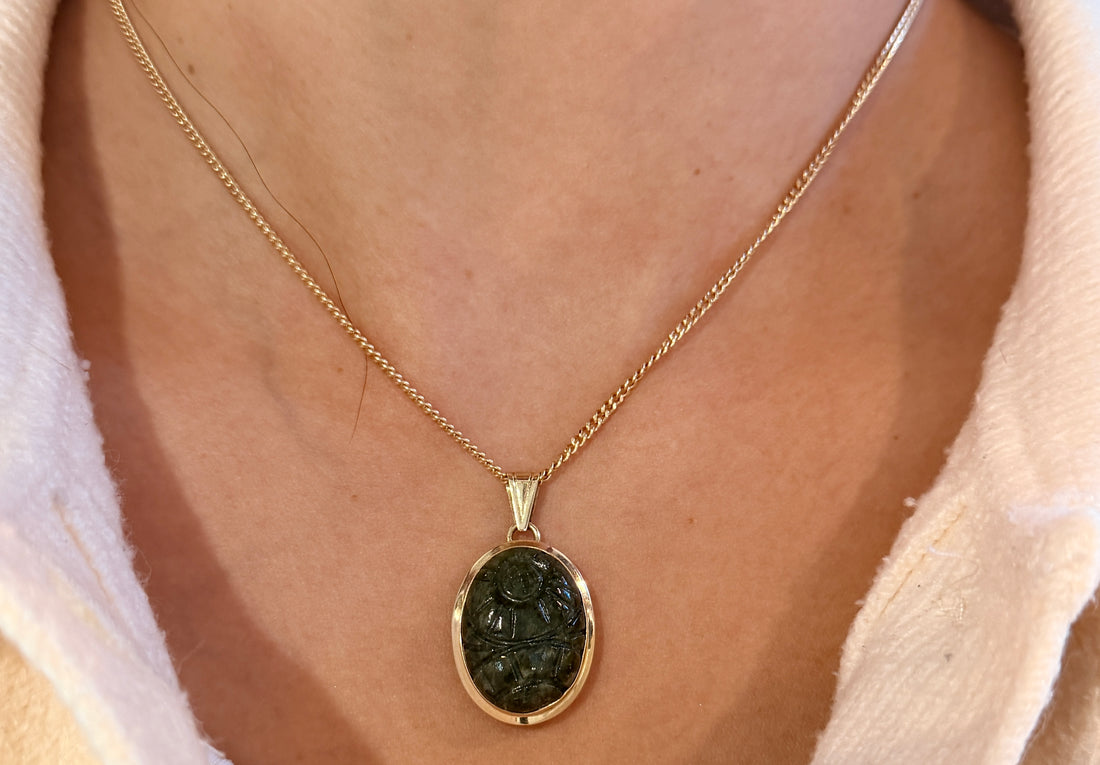 Nephrite jade pendant in 14 carat gold-Pendants-The Antique Ring Shop