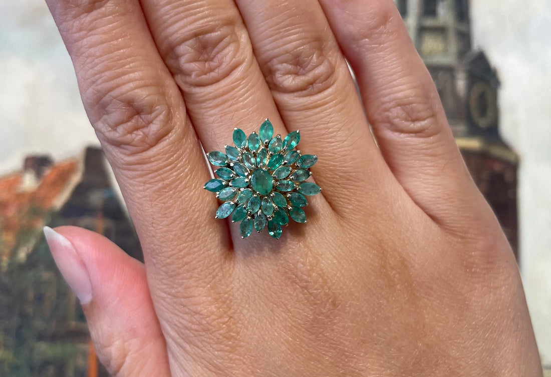 Emerald cluster ring in 14 carat gold-Vintage Rings-The Antique Ring Shop