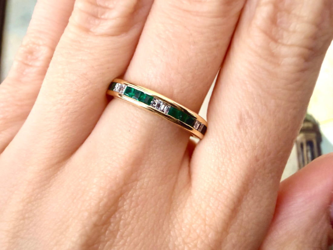 Emerald and diamond band in 18 carat gold-wedding rings-The Antique Ring Shop