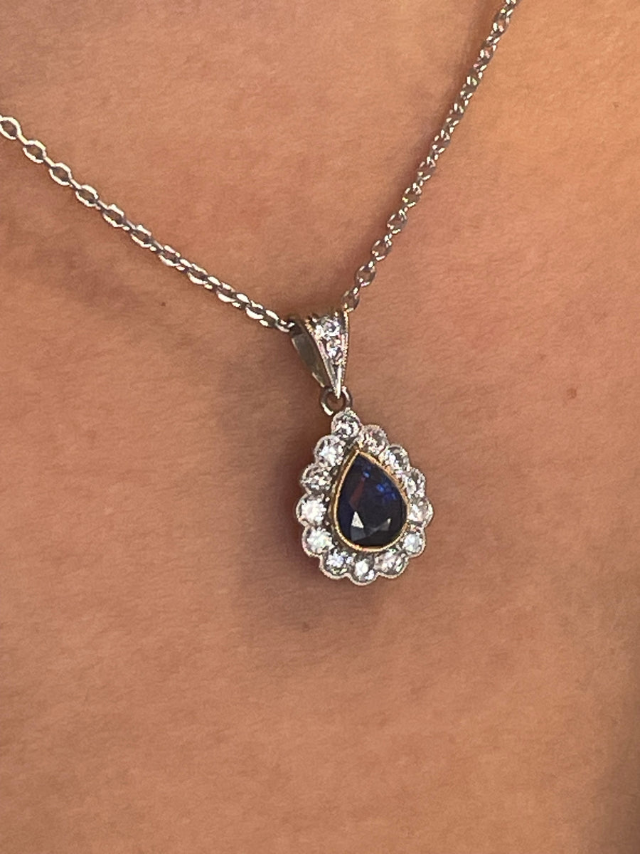 Sapphire and diamond pendant in 18 carat gold-Pendants-The Antique Ring Shop