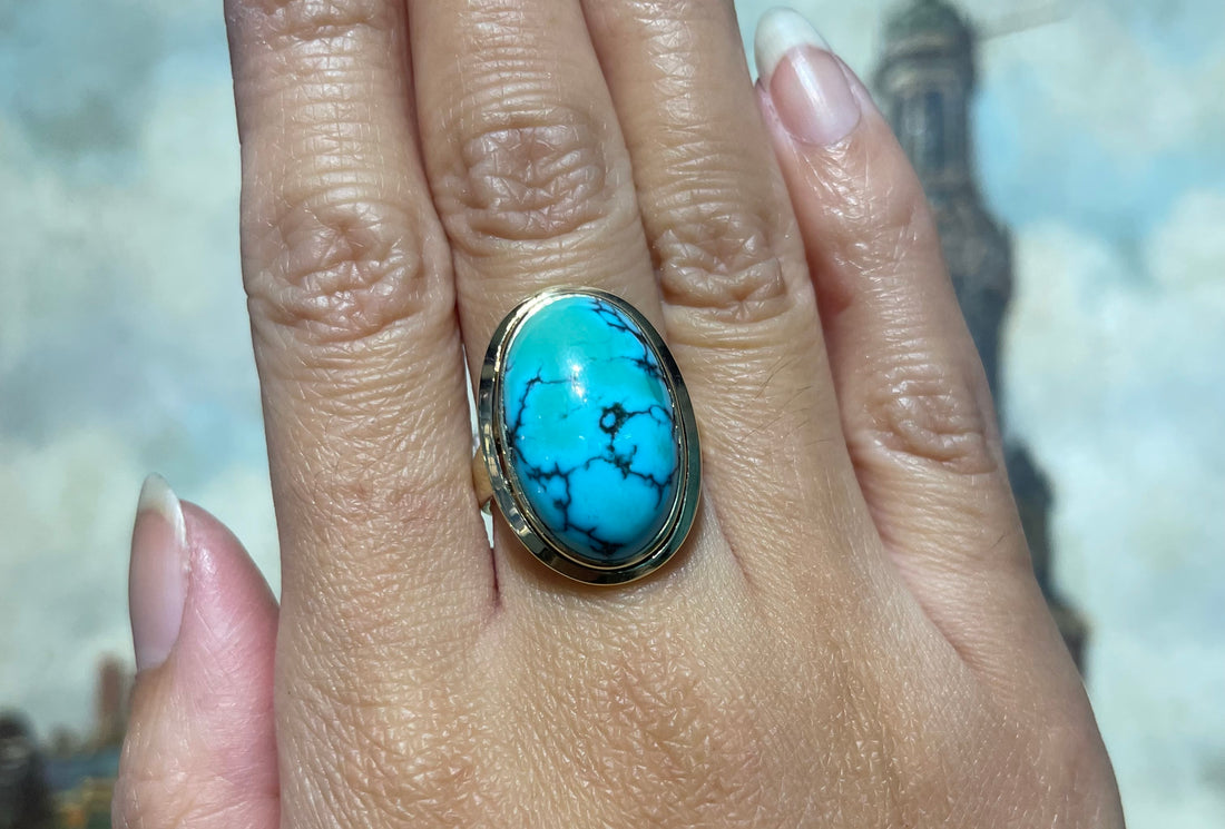 Cabochon turquoise ring in 14 carat gold-Vintage Rings-The Antique Ring Shop