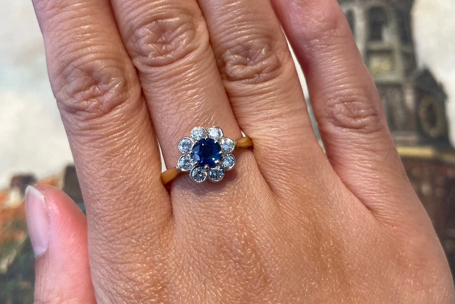 Sapphire and diamond cluster ring in 18 carat gold-engagement rings-The Antique Ring Shop