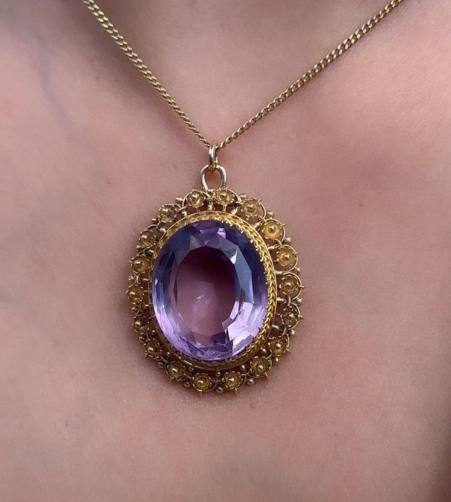 Large vintage amethyst pendant in 14 carat gold-Pendants-The Antique Ring Shop