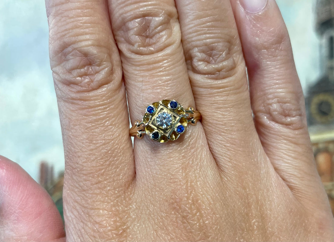 Vintage sapphire and diamond ring in 14 carat gold-Vintage Rings-The Antique Ring Shop