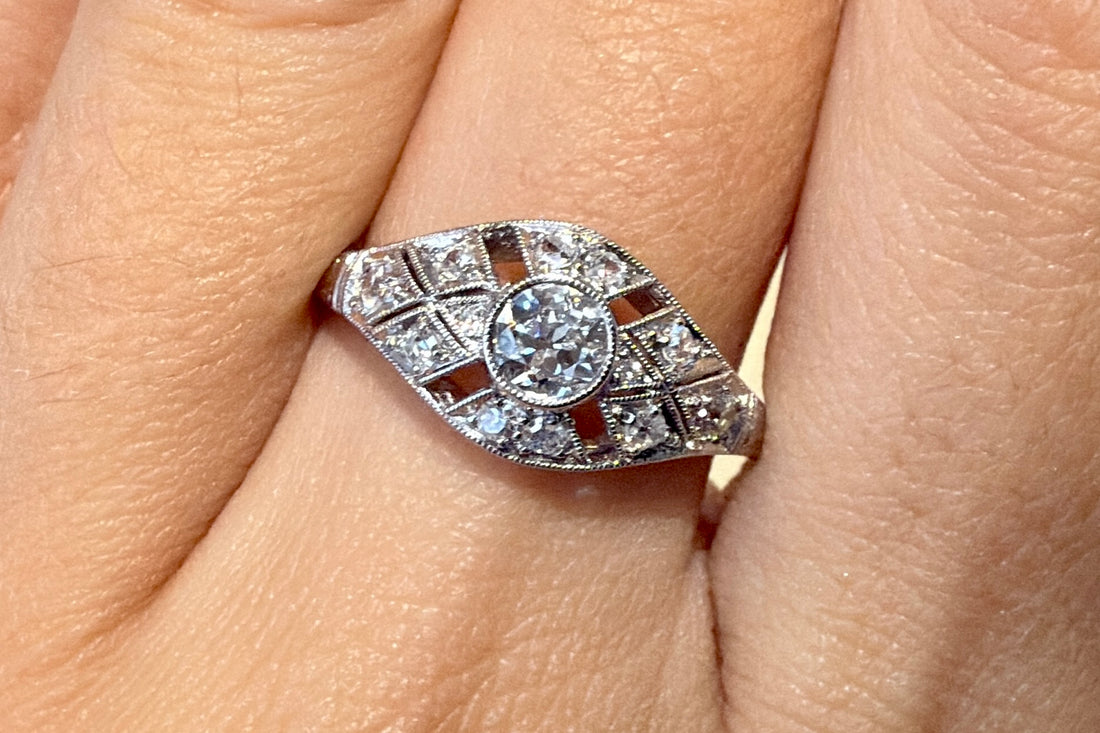 Platinum Art Deco ring with old cut diamonds-engagement rings-The Antique Ring Shop