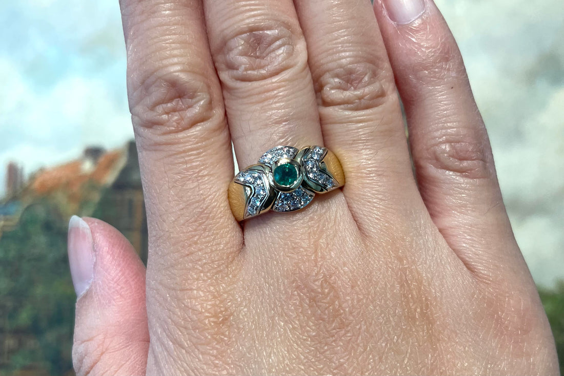 Emerald and diamond ring in 18 carat gold-Vintage Rings-The Antique Ring Shop