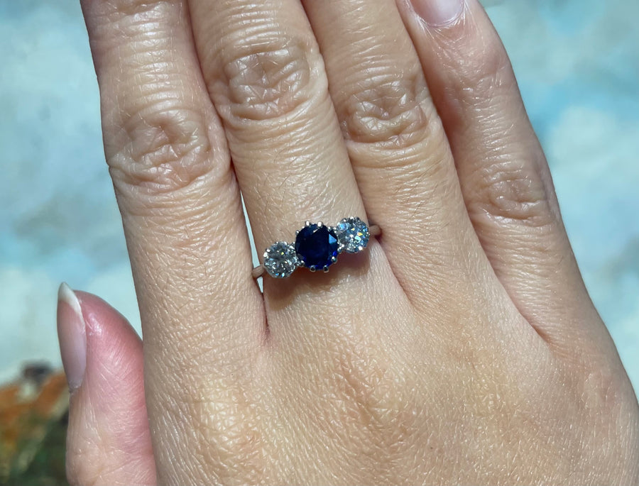 Sapphire and diamond ring in white gold and platinum-engagement rings-The Antique Ring Shop