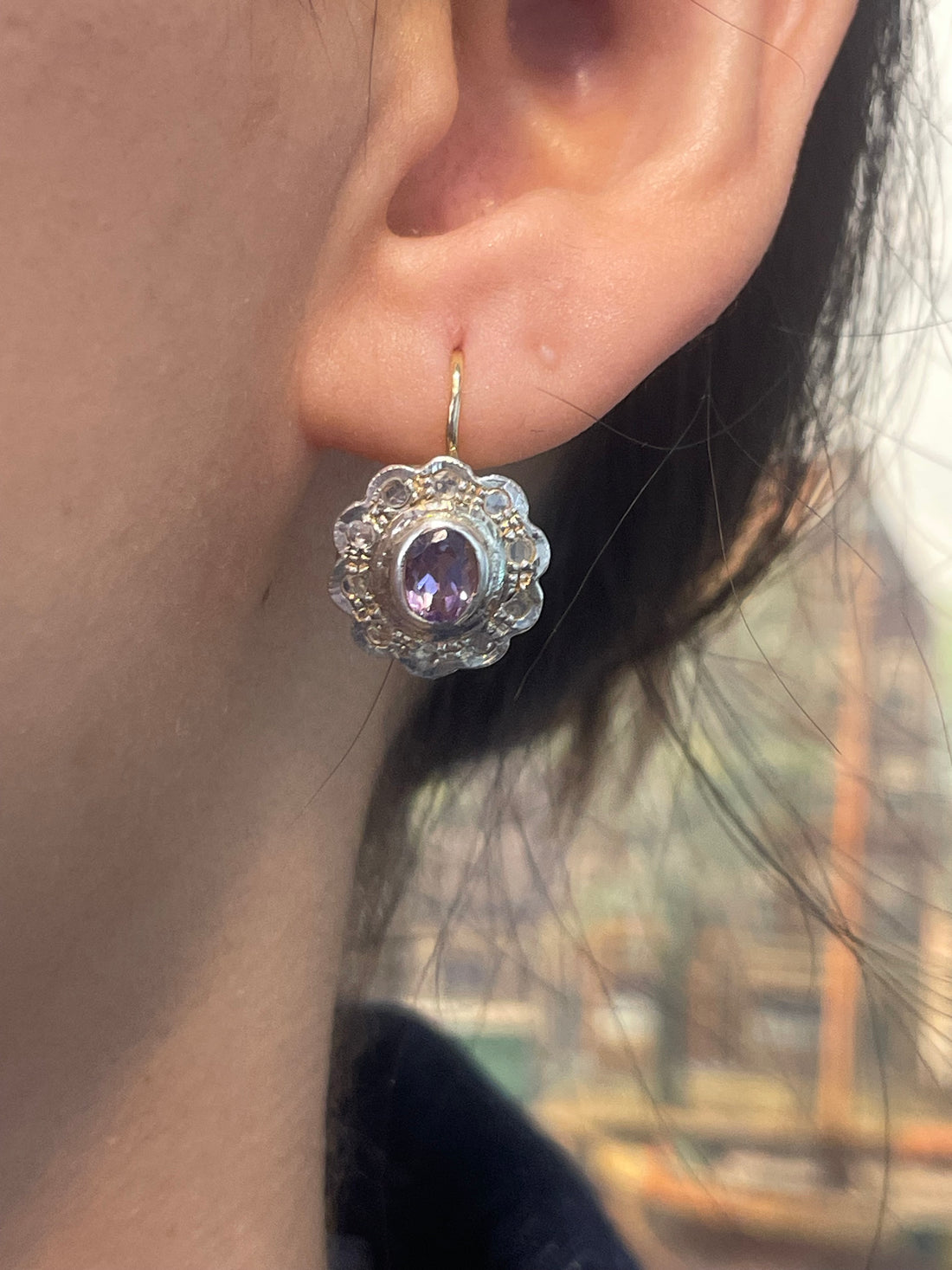 Amethyst and rose diamond earrings in silver and gold-Earrings-The Antique Ring Shop