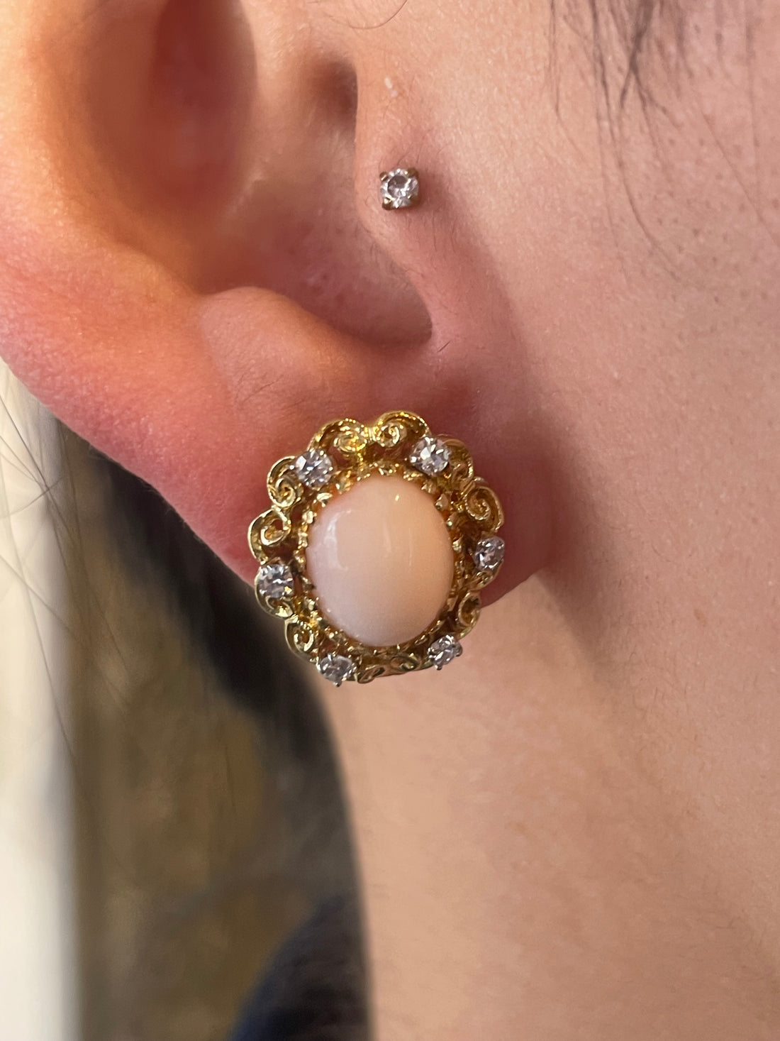Angel skin and diamond earrings in 14 carat gold-The Antique Ring Shop