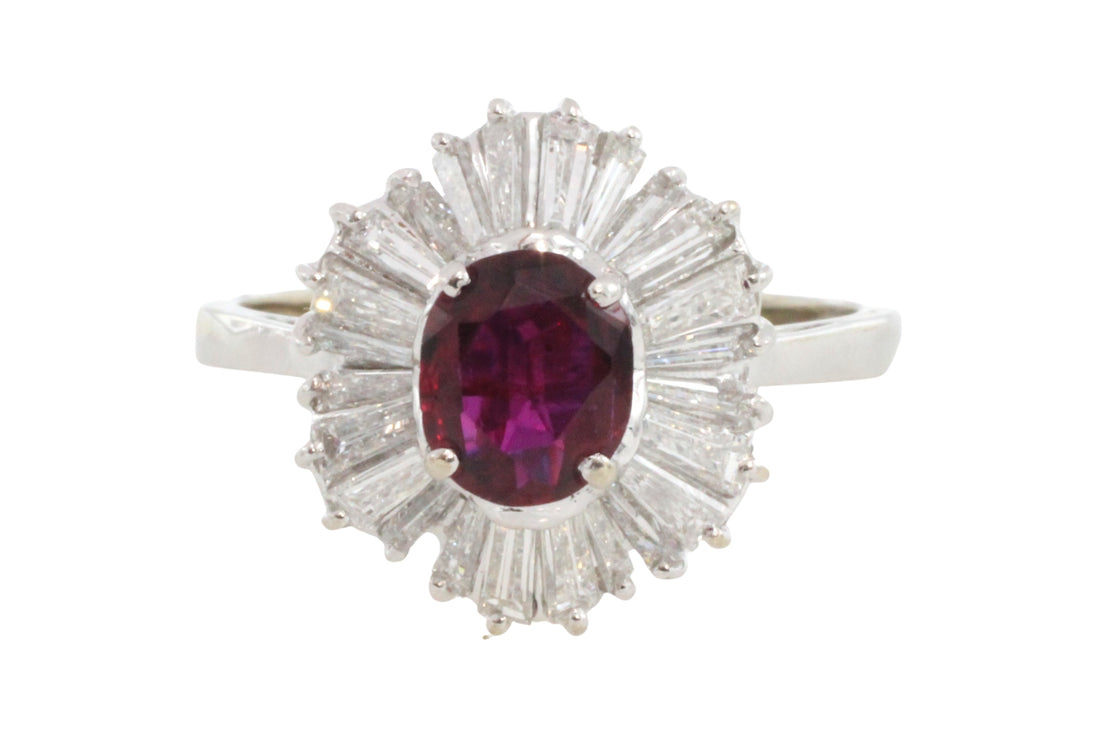 Baguette diamond and ruby ring in white gold