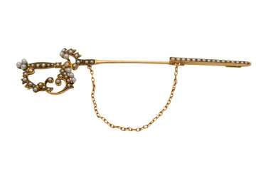 14 carat gold sword pin with pearls-Brooches-The Antique Ring Shop