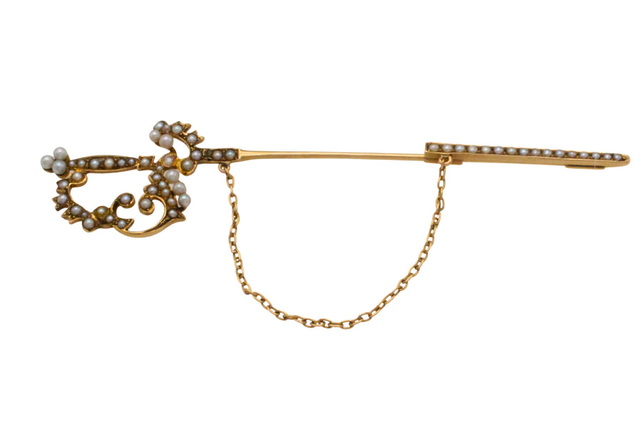 14 carat gold sword pin with pearls-Brooches-The Antique Ring Shop