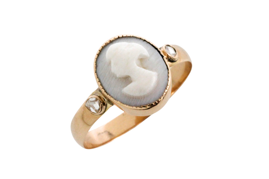 Cameo and rose diamond ring in 14 carat gold-Vintage Rings-The Antique Ring Shop