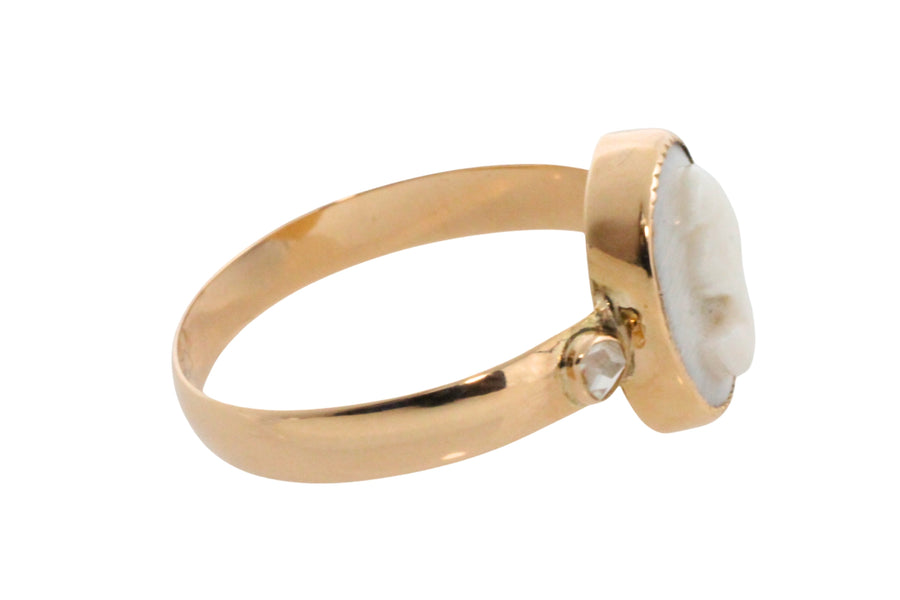 Cameo and rose diamond ring in 14 carat gold-Vintage Rings-The Antique Ring Shop