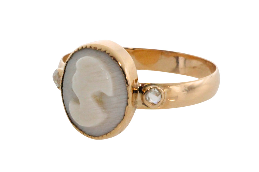 Cameo and rose diamond ring in 14 carat gold-Vintage Rings-The Antique Ring Shop