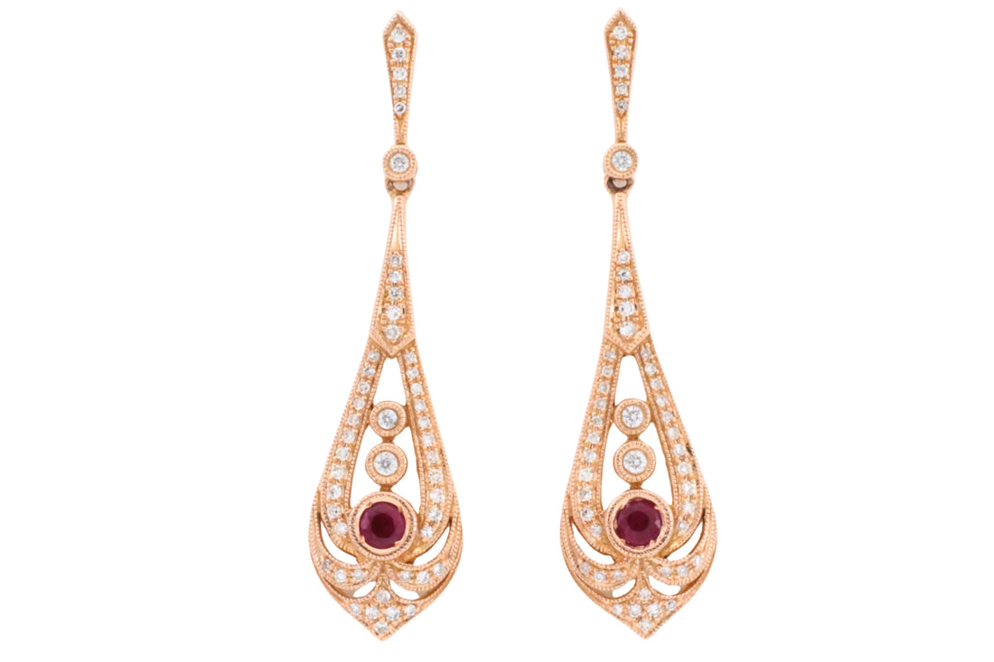 Ruby and diamond pendant earrings in rose gold-Earrings-The Antique Ring Shop