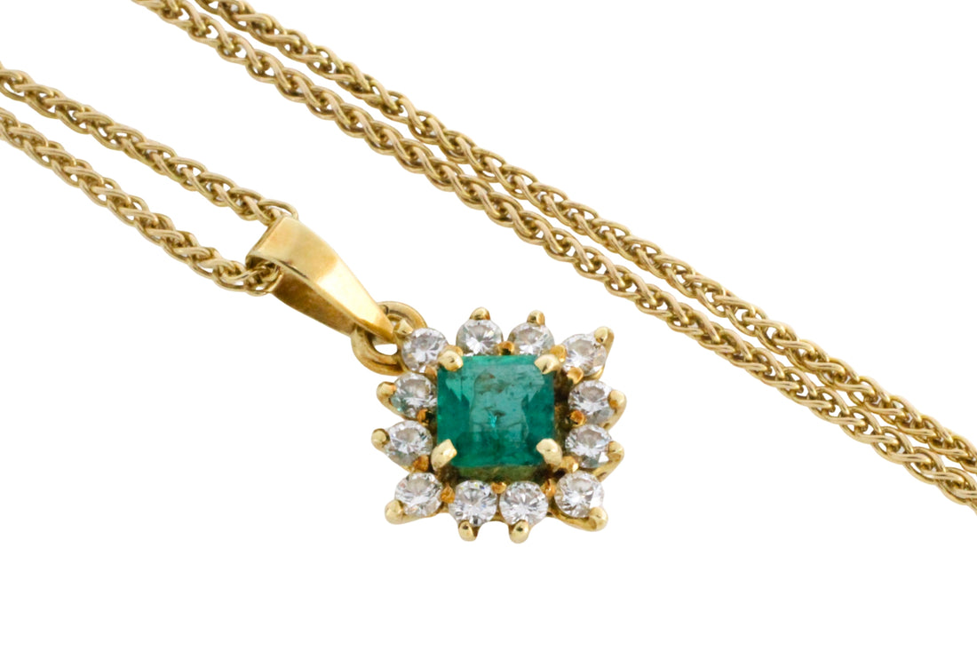 Emerald and diamond pendant in 14 carat gold-Pendants-The Antique Ring Shop