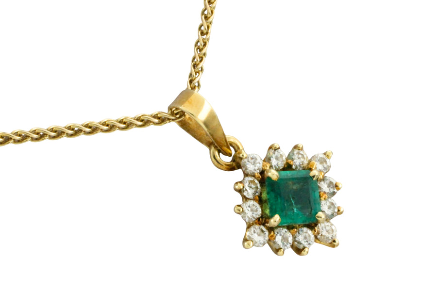 Emerald and diamond pendant in 14 carat gold-Pendants-The Antique Ring Shop