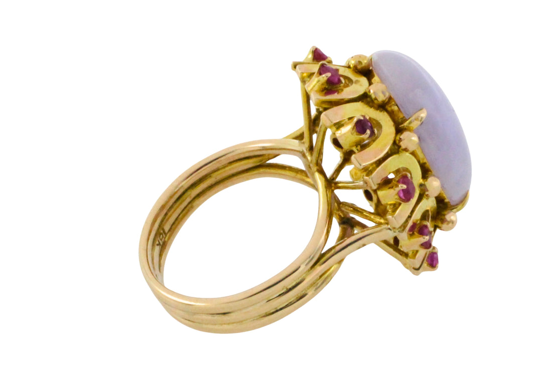 Cabochon lavender jade and ruby ring-Vintage Rings-The Antique Ring Shop